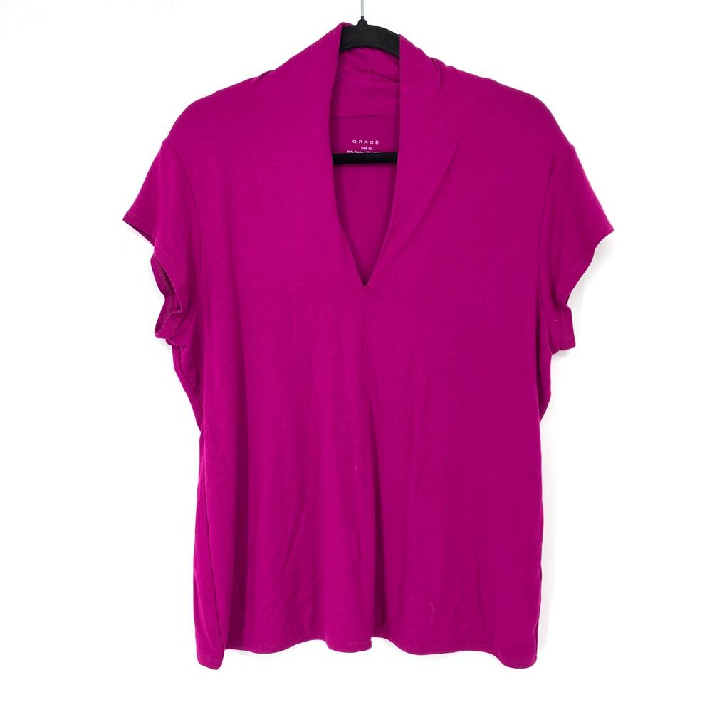 Grace Short Sleeve V-Neck Jersey Knit Top Womens Sz XL Magenta Pink